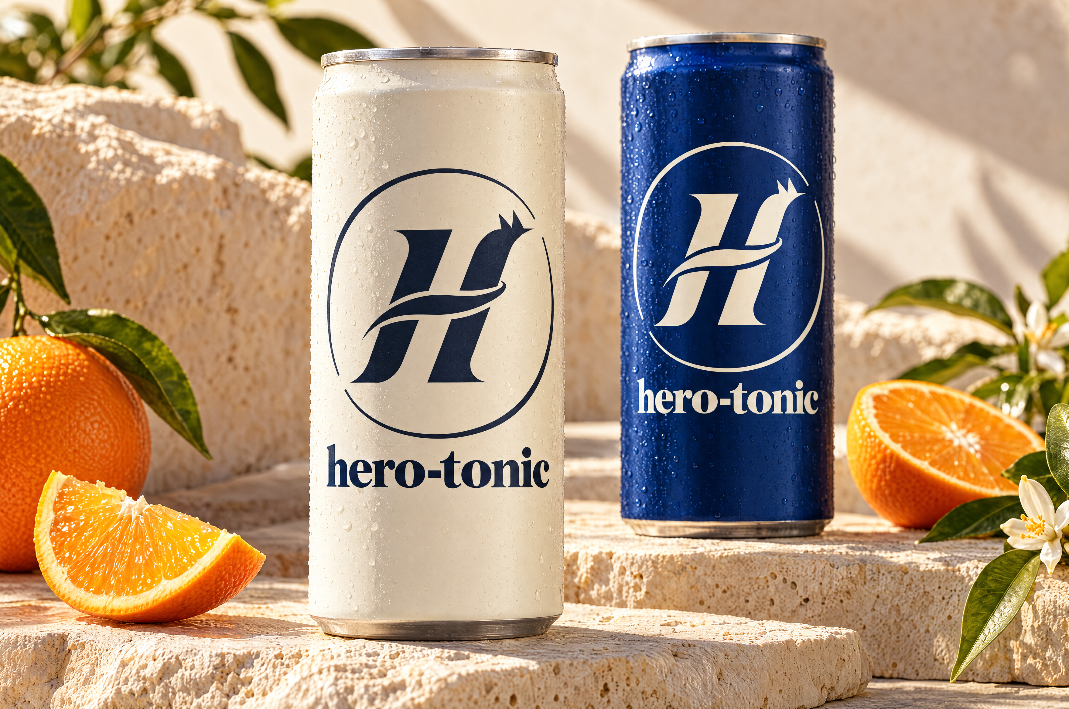 Illustrative Hero-Tonic can and sachet packaging in ivory, blue and citrus